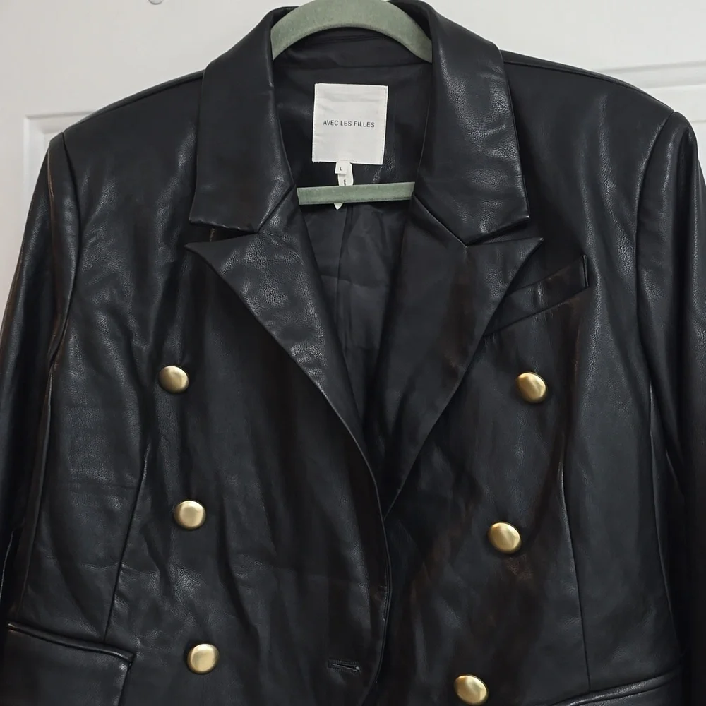 AVEC LES FILLES Double Breasted Faux Leather Blazer In Black